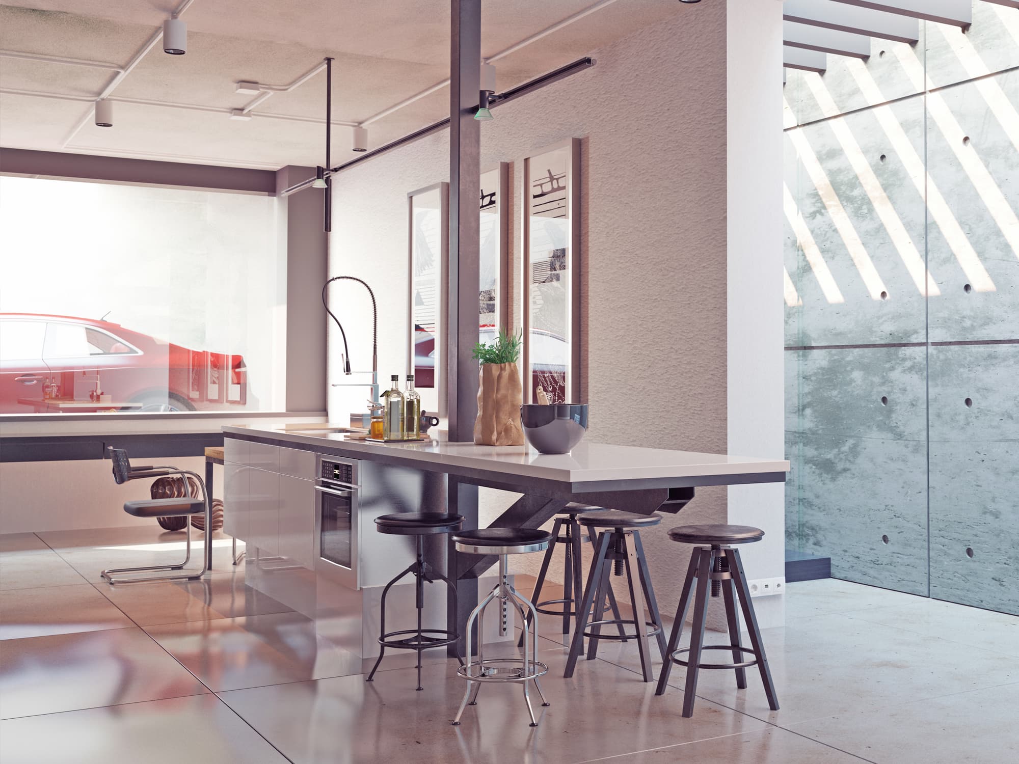 Offene Kueche mit Theke und Fliesenboden in Betonoptik