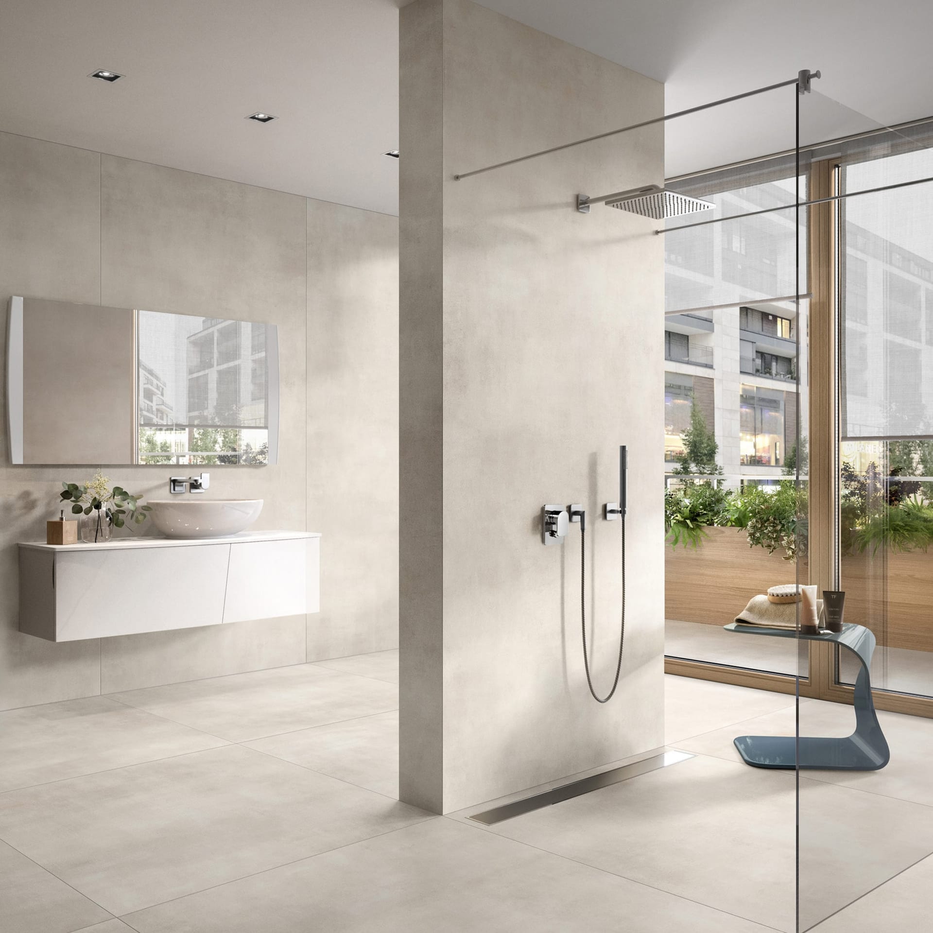 Bad in Betonoptik mit Dusche und wandhaengendem Waschtisch