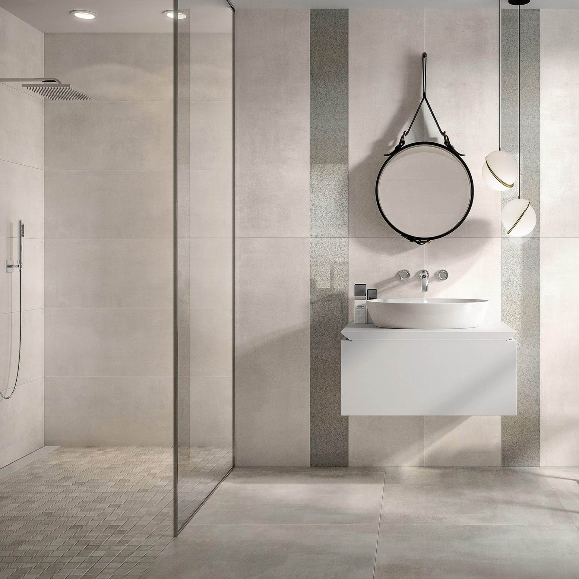 Minimalistisches Badezimmer mit Fliesen, begehbarer Dusche, wandmontiertem Waschbecken, rundem Spiegel und modernen Leuchten