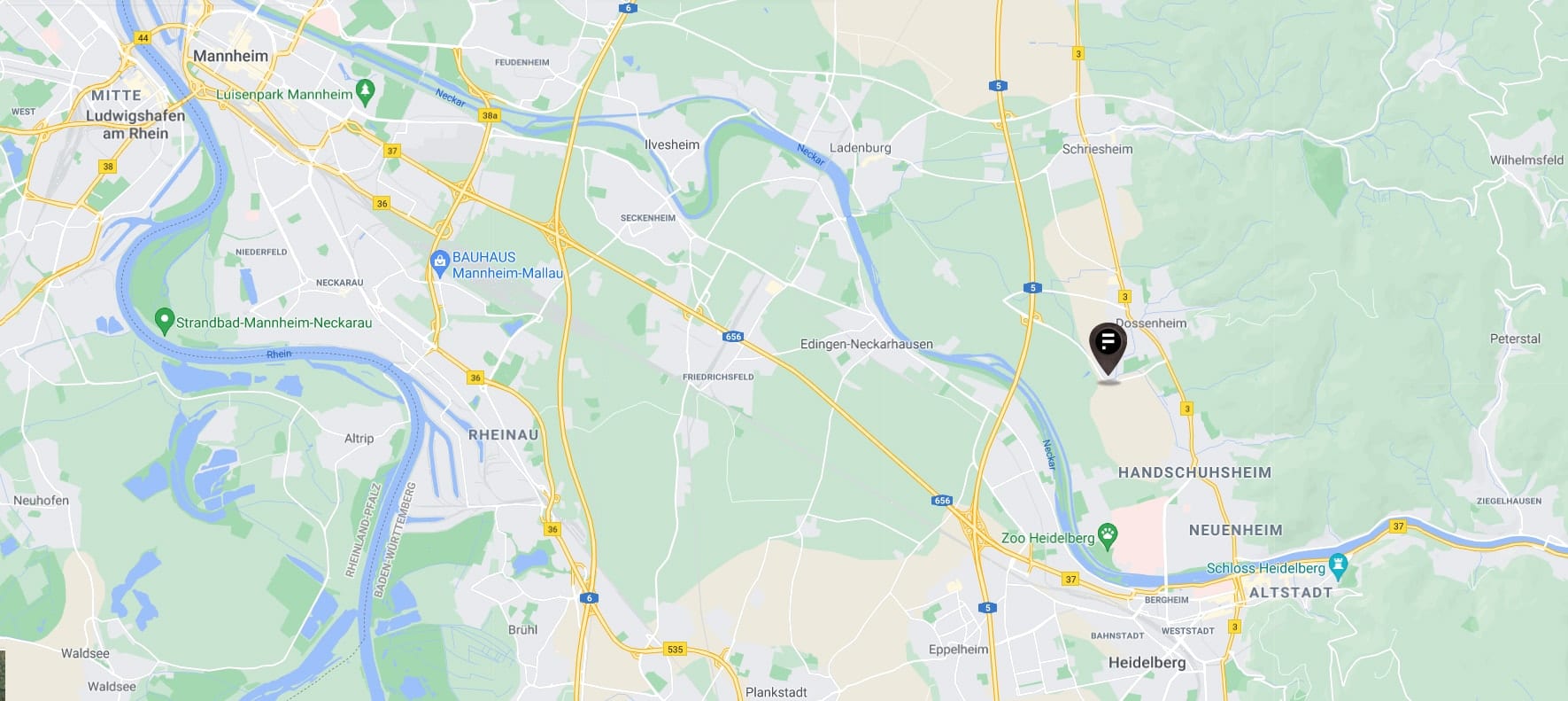 map Anfahrtskarte: Standort von Fliesen Fried in Dossenheim nördlich von Heidelberg
